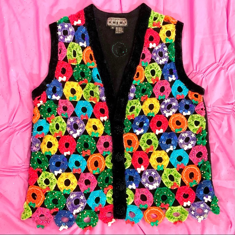 Colorful Sequin Embellished Vintage Christmas Wreaths Bows Vest By Berek Medium